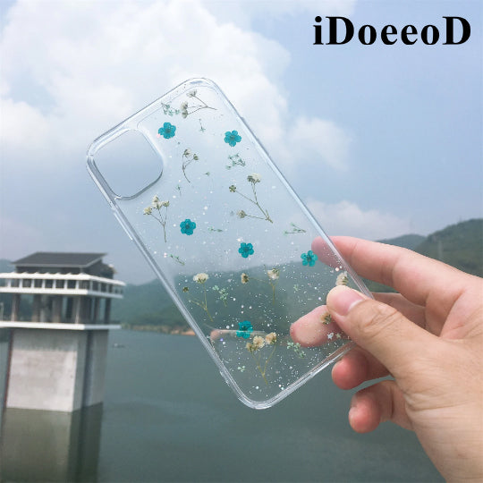 iDoeeoD - Small Blue Pink Pressed Flowers Clear Phone Case
