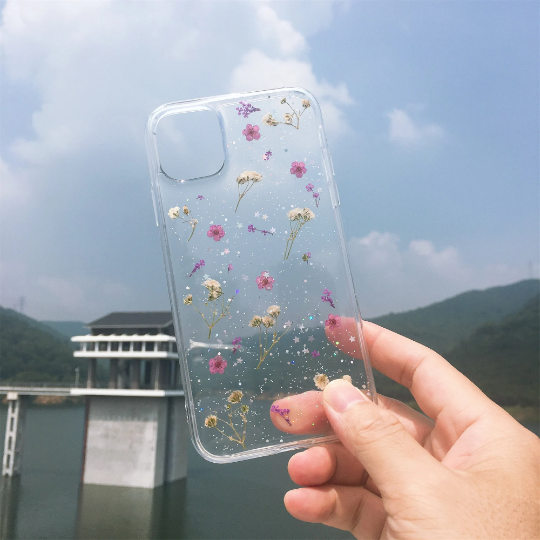 Small Purple Yellow Pressed Flowers Clear Phone Case