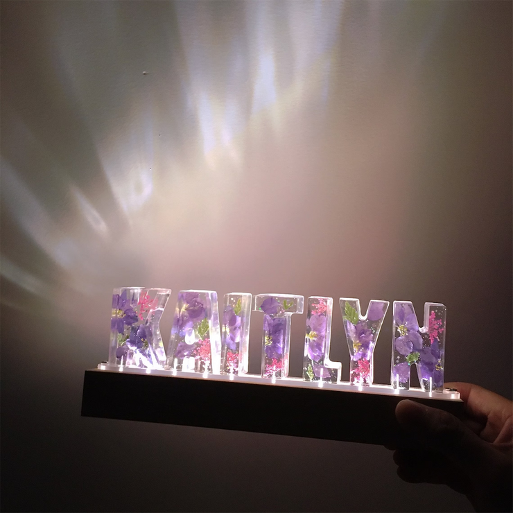 Purple Floral Letters Dried Flower Resin Name Night Light-Wooden Base