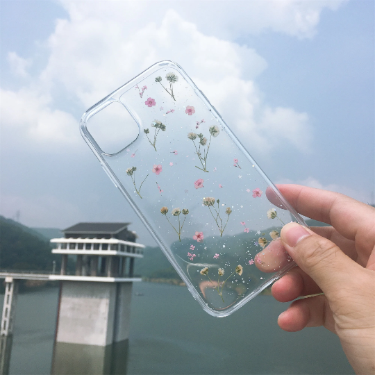 Small Blue Pink Pressed Flowers Clear Phone Case