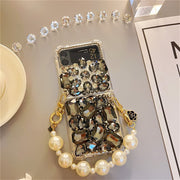 Black Rhinestone | with Pearl Chain | Z Flip 3, Z Flip 4, Z Fold 3, Z Fold 4 Phone Case