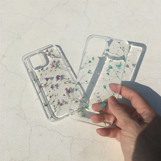 Small Green Purple Pressed Flowers Clear Phone Case