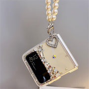 Heart-Shaped Rhinestone Connection Buckle | with Pearl Chain | Z Flip 3, Z Flip 4, Z Fold 3, Z Fold 4 Phone Case