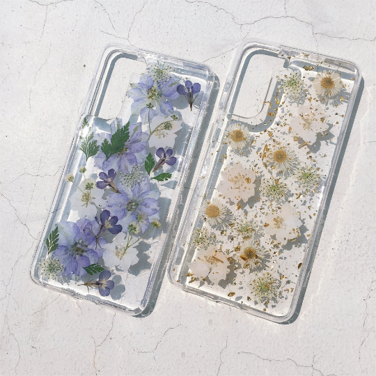 Light Blue White Pressed Flowers Clear Phone Case