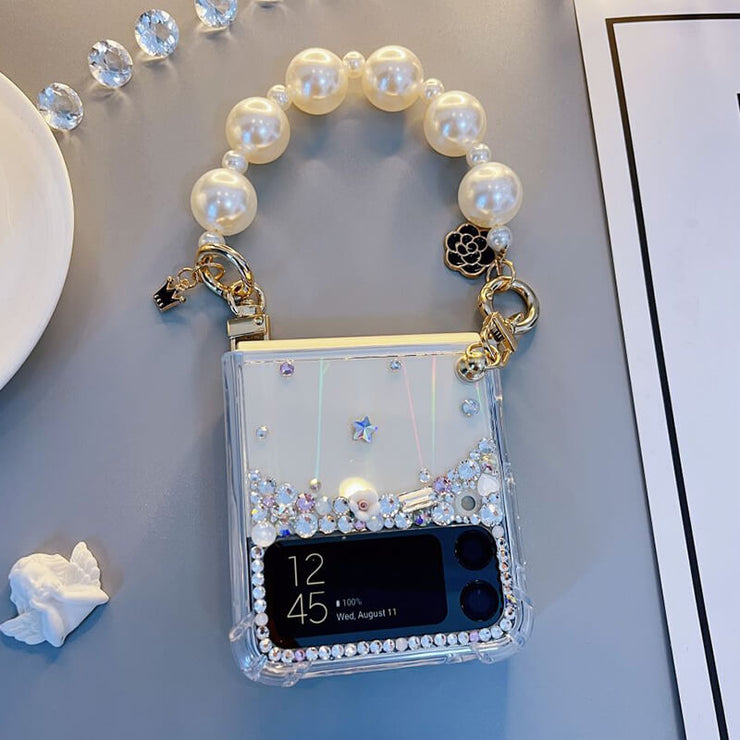 Small Rhinestones & flowers & pearls | with Pearl Chain | Z Flip 3, Z Flip 4, Z Fold 3, Z Fold 4 Phone Case