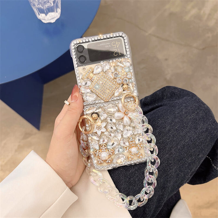 Perfume Flower Crown Rhinestone Pattern | with Pearl Chain | Z Flip 4 Z Fold 4 Phone Case