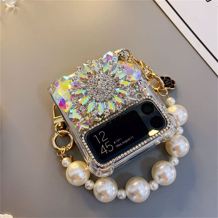 Heart-Shaped Electroplating Color Rhinestones | with Pearl Chain | Z Flip 3, Z Flip 4, Z Fold 3, Z Fold 4 Phone Case