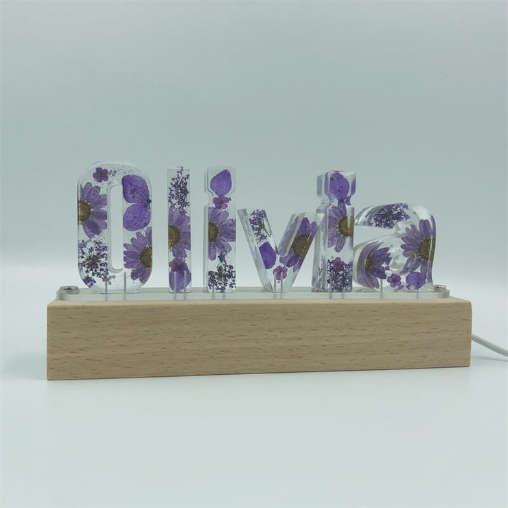 Purple Floral Letters Dried Flower Resin Name Night Light-Wooden Base