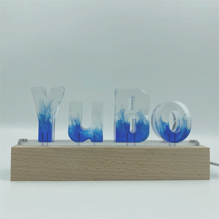 Dark Blue Gradient Resin Name Night Light-Wooden Base