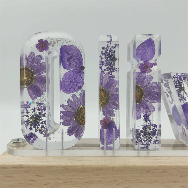 Purple Floral Letters Dried Flower Resin Name Night Light-Wooden Base