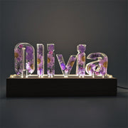 Purple Floral Letters Dried Flower Resin Name Night Light-Wooden Base