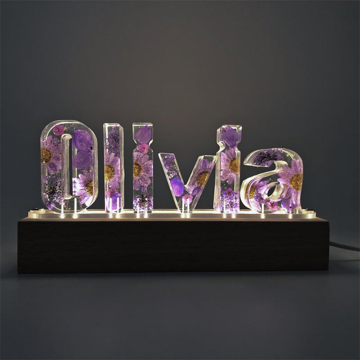 Purple Floral Letters Dried Flower Resin Name Night Light-Wooden Base