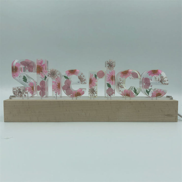 Pink Floral Dried Pressed Flower Resin Name Night Light-Wooden Base