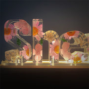 Pink Floral Dried Pressed Flower Resin Name Night Light-Wooden Base