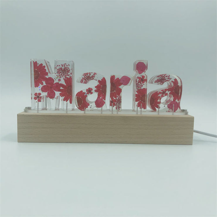 Fire Red Floral Dried Pressed Flower Resin Name Night Light-Wooden Base