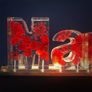 Fire Red Floral Dried Pressed Flower Resin Name Night Light-Wooden Base