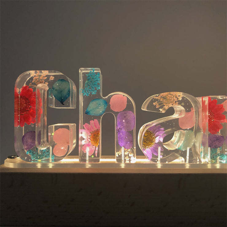 Colorful Dried Pressed Flower Resin Name Night Light-Wooden Base