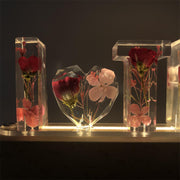 Dried Rose Pressed Flowers Resin Name Night Light-Wooden Base