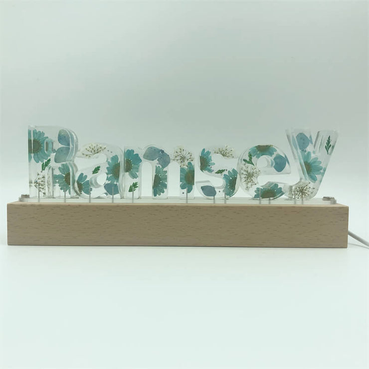 Light Blue Floral Letters Dried Flower Name Night Light-Wooden Base