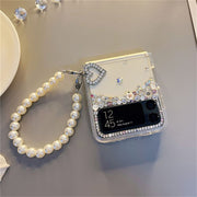 Heart-Shaped Rhinestone Connection Buckle | with Pearl Chain | Z Flip 3, Z Flip 4, Z Fold 3, Z Fold 4 Phone Case