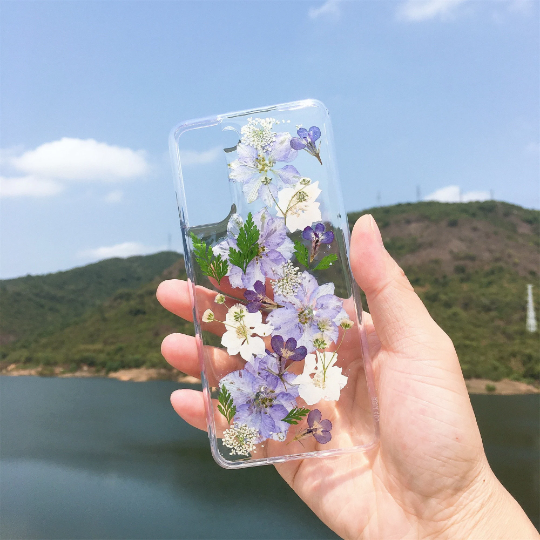 Blue And White Delphiniums Pressed Flowers Clear Phone Case - iDoeeoD