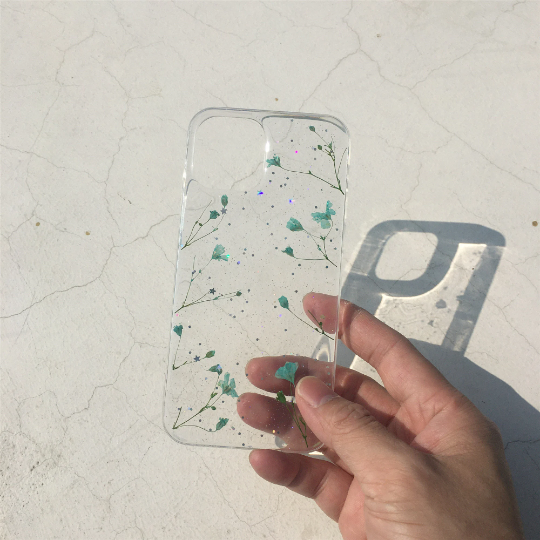 Small Green Purple Pressed Flowers Clear Phone Case