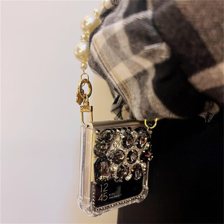 Black Rhinestone | with Pearl Chain | Z Flip 3, Z Flip 4, Z Fold 3, Z Fold 4 Phone Case