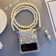 Heart-Shaped Electroplating Color Rhinestones | with Pearl Chain | Z Flip 3, Z Flip 4, Z Fold 3, Z Fold 4 Phone Case