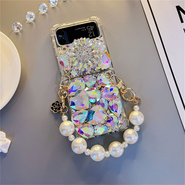 Heart-Shaped Electroplating Color Rhinestones | with Pearl Chain | Z Flip 3, Z Flip 4, Z Fold 3, Z Fold 4 Phone Case