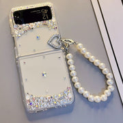 Heart-Shaped Rhinestone Connection Buckle | with Pearl Chain | Z Flip 3, Z Flip 4, Z Fold 3, Z Fold 4 Phone Case