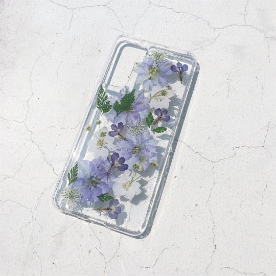 Light Blue White Pressed Flowers Clear Phone Case