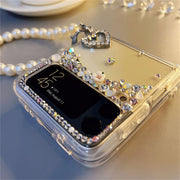 Heart-Shaped Rhinestone Connection Buckle | with Pearl Chain | Z Flip 3, Z Flip 4, Z Fold 3, Z Fold 4 Phone Case