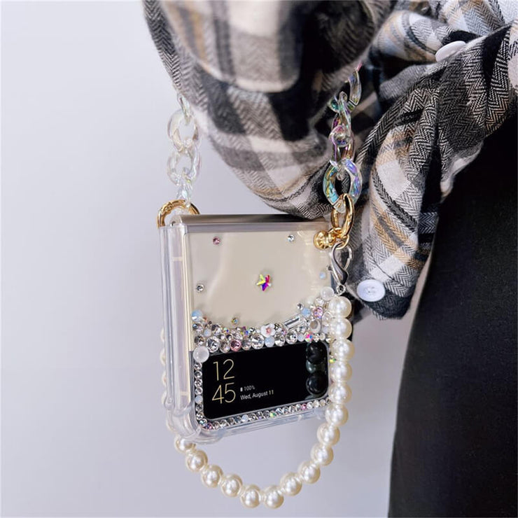 Small Rhinestones & flowers & pearls | with Pearl Chain | Z Flip 3, Z Flip 4, Z Fold 3, Z Fold 4 Phone Case