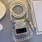 Heart-Shaped Electroplating Color Rhinestones | with Pearl Chain | Z Flip 3, Z Flip 4, Z Fold 3, Z Fold 4 Phone Case