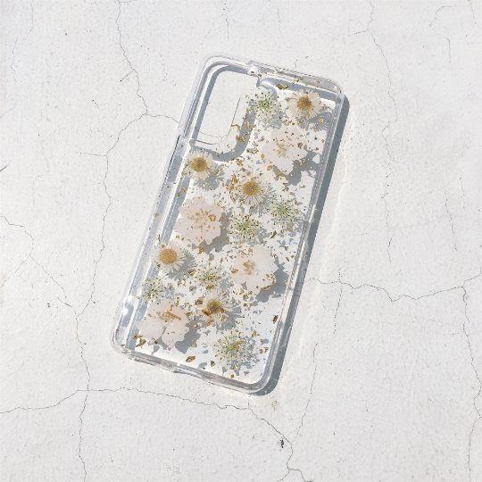 Light Blue White Pressed Flowers Clear Phone Case