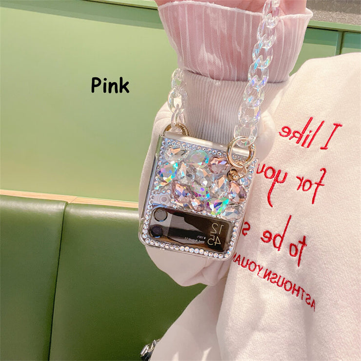 Multicolor Rhinestone Phone Case | with Pearl Chain | Z Flip 3, Z Flip 4, Z Fold 3, Z Fold 4 Phone Case