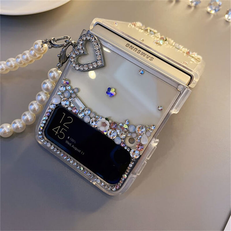 Heart-Shaped Rhinestone Connection Buckle | with Pearl Chain | Z Flip 3, Z Flip 4, Z Fold 3, Z Fold 4 Phone Case