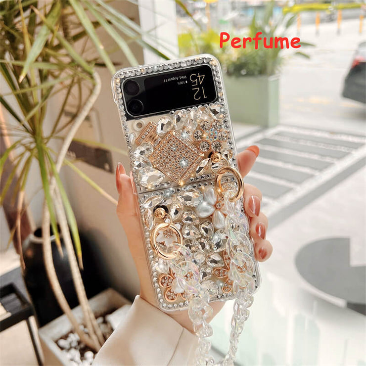 Perfume Flower Crown Rhinestone Pattern | with Pearl Chain | Z Flip 4 Z Fold 4 Phone Case