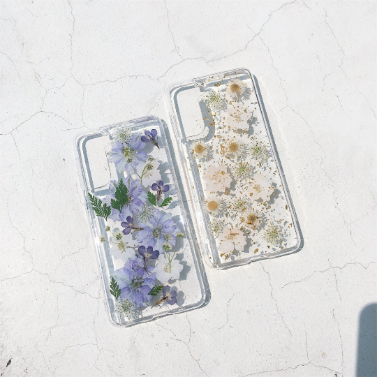 Light Blue White Pressed Flowers Clear Phone Case