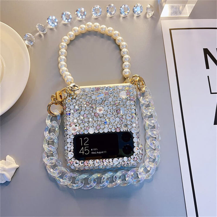 Bulling Bulling Rhinestone | with Pearl Chain | Z Flip 3, Z Flip 4, Z Fold 3, Z Fold 4 Phone Case