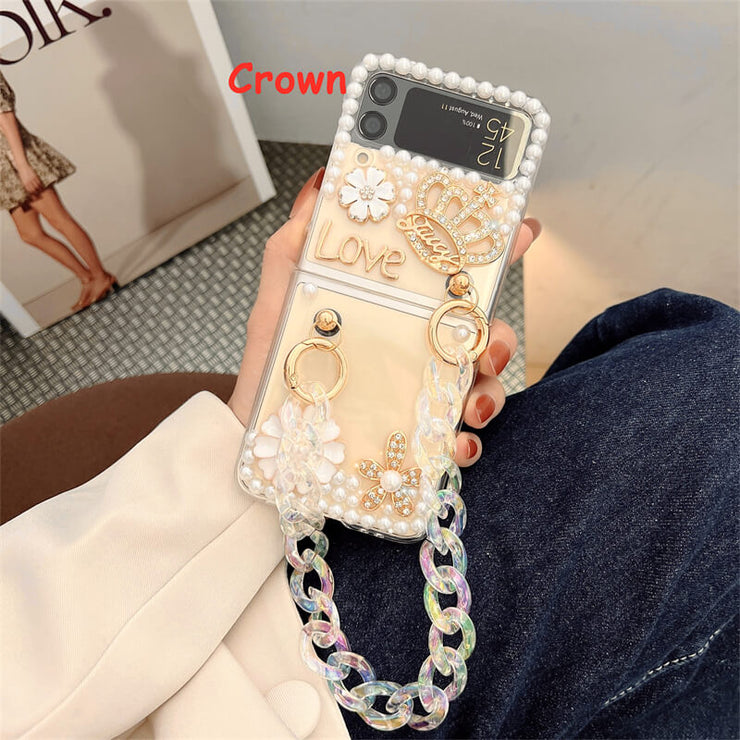 Perfume Flower Crown Rhinestone Pattern | with Pearl Chain | Z Flip 4 Z Fold 4 Phone Case