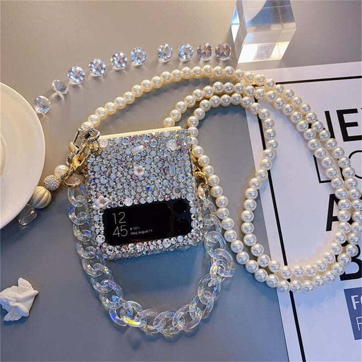 Bulling Bulling Rhinestone | with Pearl Chain | Z Flip 3, Z Flip 4, Z Fold 3, Z Fold 4 Phone Case