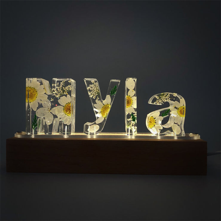 White Daisies Dried Flower Resin Name Night Light-Wooden Base