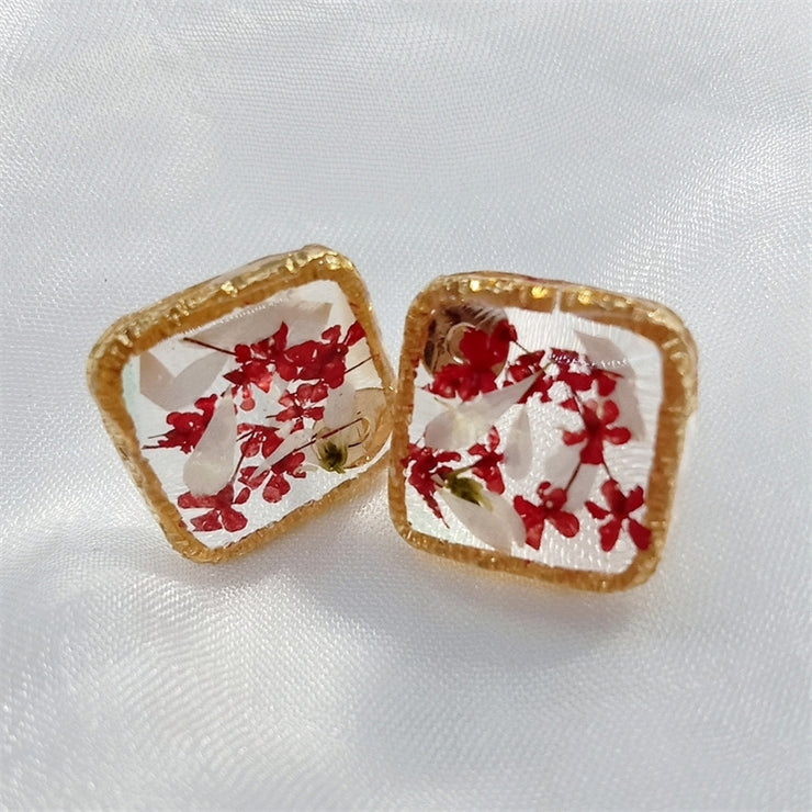 Resin Daisies & Red Flower | Gold Plated Border | Earrings | 14K Gold Clad