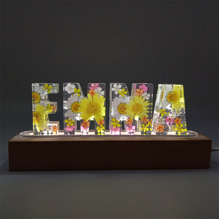 Summer - White & Yellow Daisies | Wooden Base | Dried Flower Letters Night Light