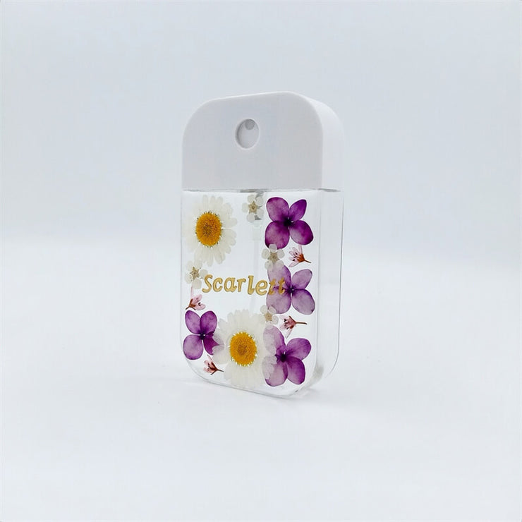 White Daisy Purple Delphinium | Free Custom Name Real Pressed Flower | Refillable Spray Bottle + Protective + Hook