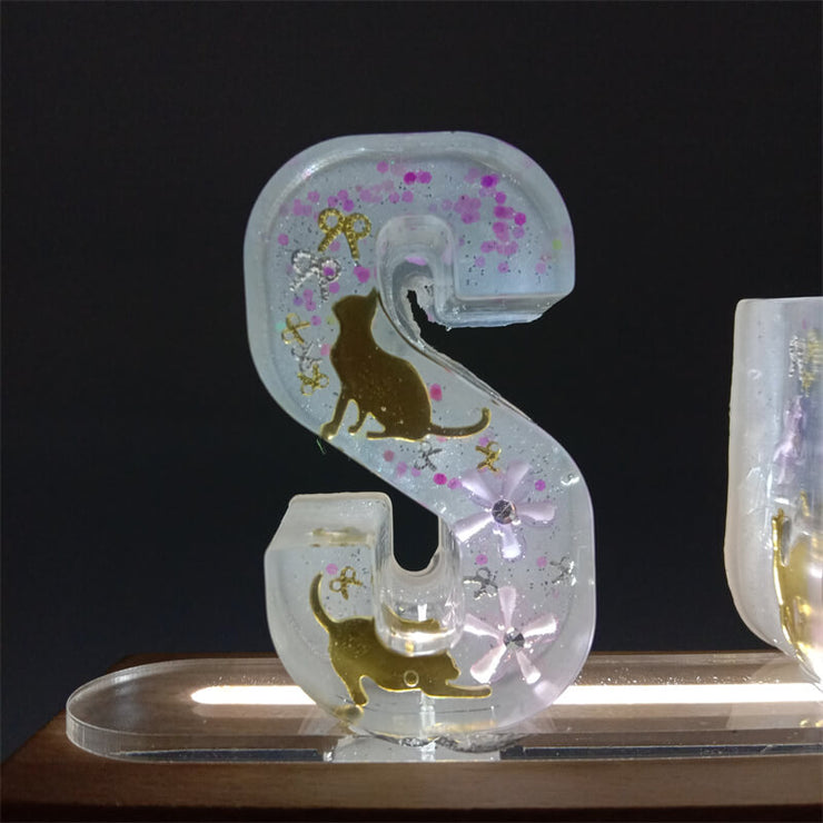 Cat Pattern Metal Block Resin Name Night Light-Wooden Base