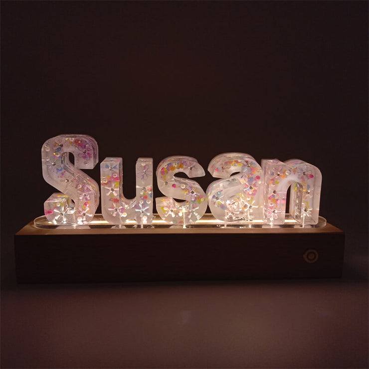 Colorful Dolls Resin Name Night Light - Rechargeable Wooden Base