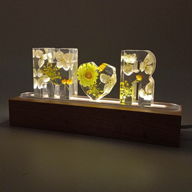 Yellow Hydrangea & Lace FLower | Eternal Flower Night Light | Wooden Base