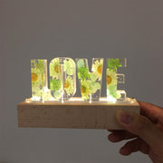 Green Floral Dried Pressed Flowers Resin Name Night Light-Wooden Base